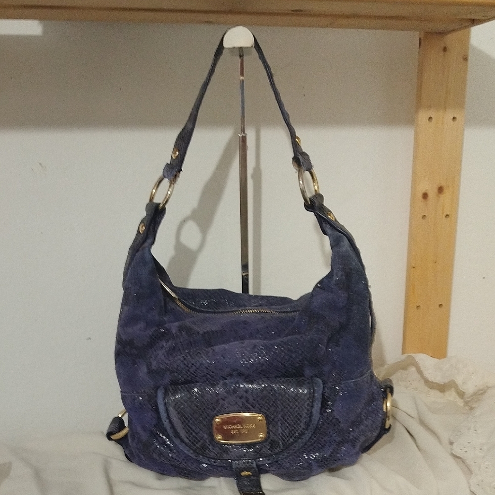 Michael Kors Blue Snake Print Embossed Hobo Bag.